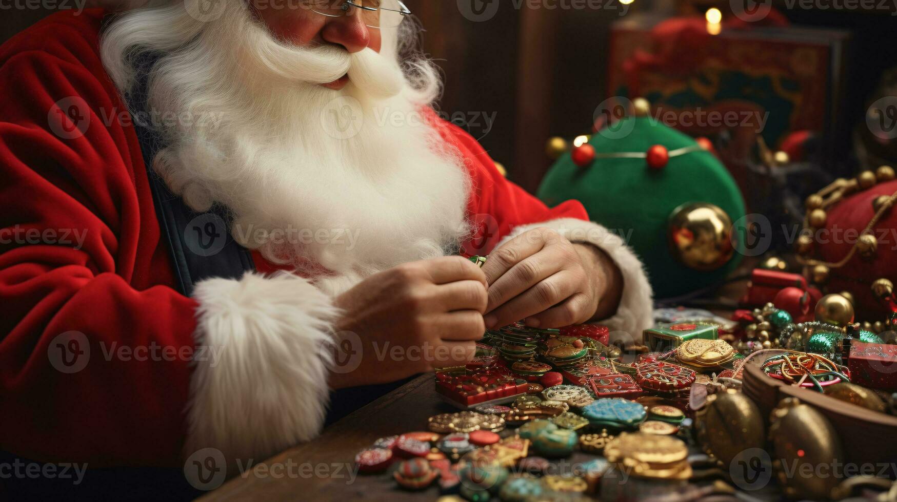 ai generative Close up of white santa working in his shop on toys photo