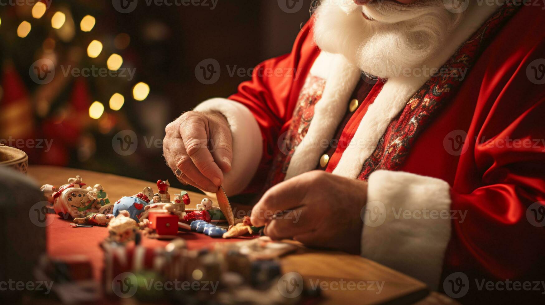 ai generativo cerca arriba de blanco Papa Noel trabajando en su tienda en juguetes foto