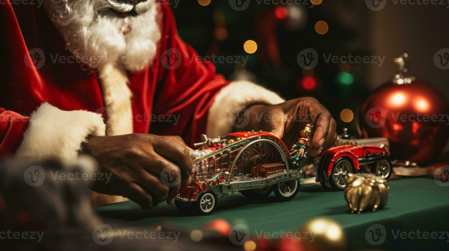 ai generative Close up of black santa working in his shop on toys photo