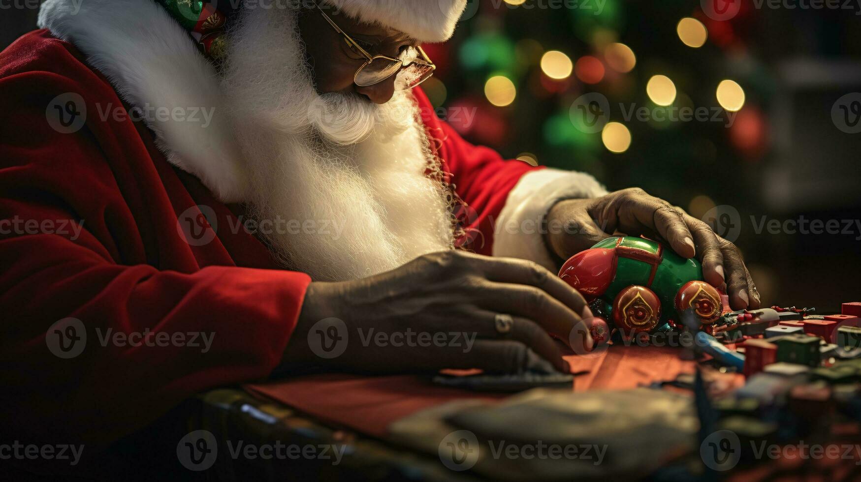 ai generative Close up of black santa working in his shop on toys photo