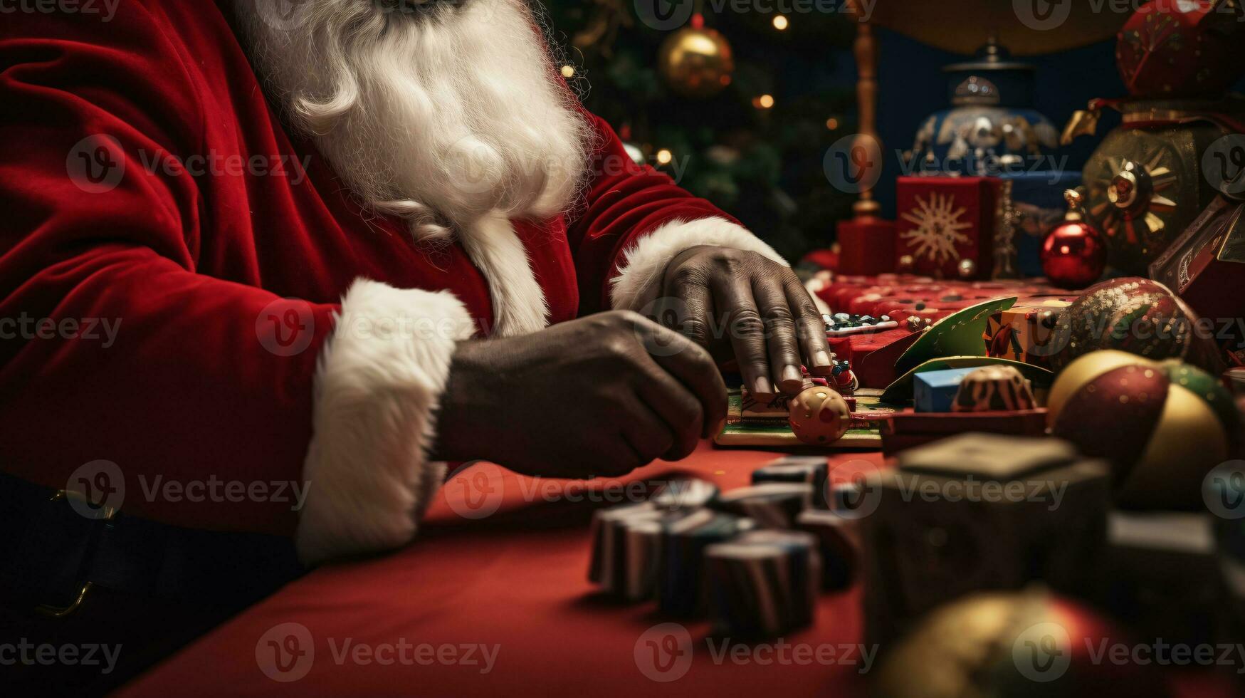 ai generative Close up of black santa working in his shop on toys photo