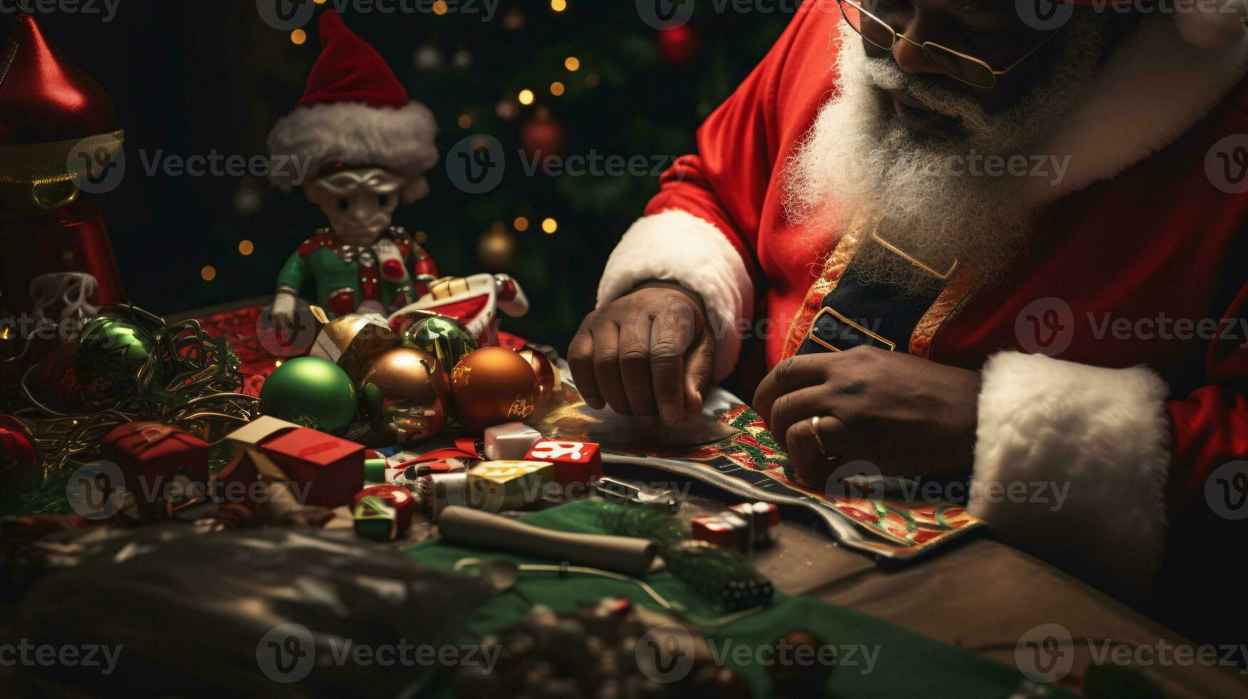 ai generative Close up of black santa working in his shop on toys photo