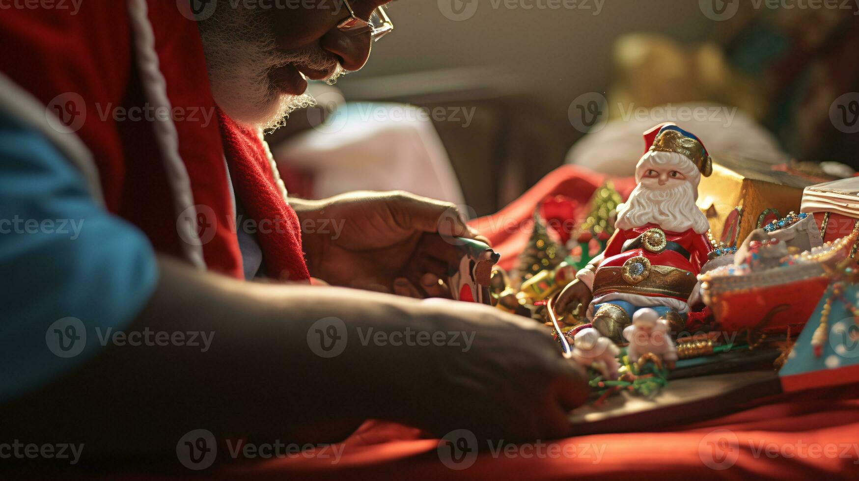 ai generative Close up of black santa working in his shop on toys photo