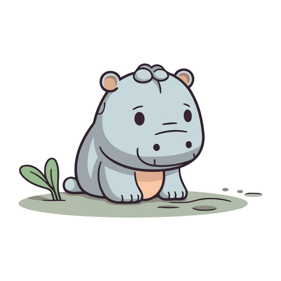 Cute hippopotamus sitting on the ground. Vector illustration.