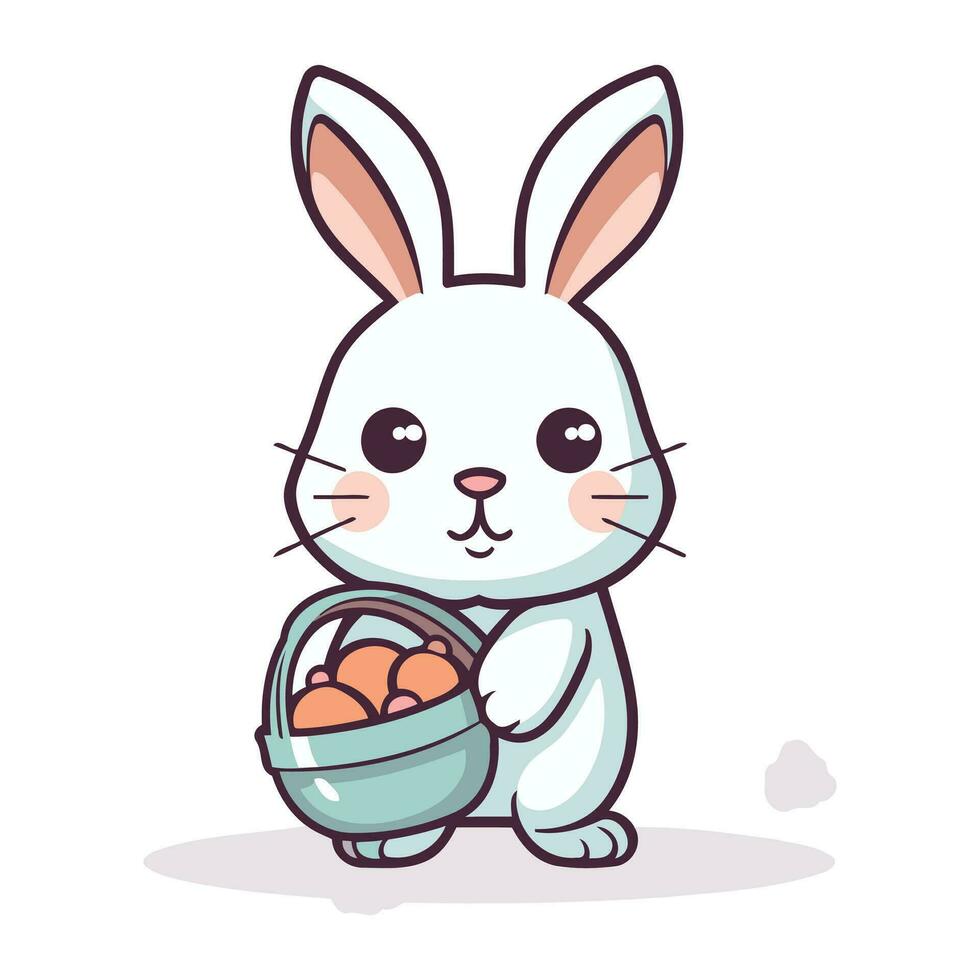 Cute bunny with basket of eggs. Vector illustration in cartoon style.