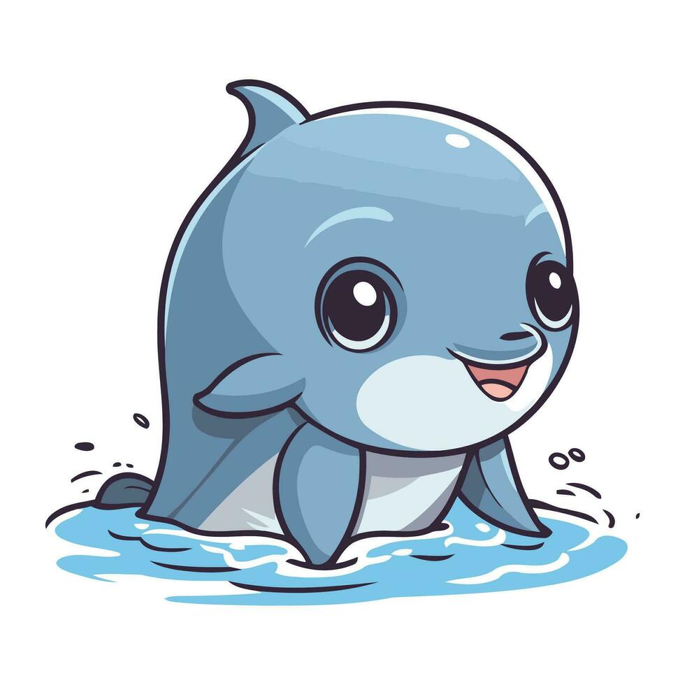 Cartoon dolphin swimming in the water. Vector illustration of a cute baby whale.