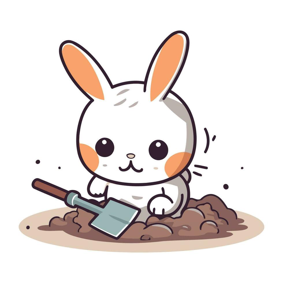 Cute rabbit with a shovel in the garden. Vector illustration.