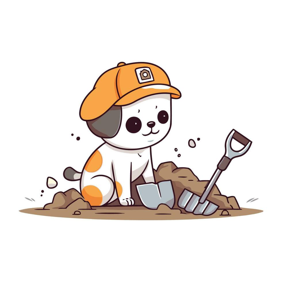 Vector illustration of cute dog digging the ground. Cute cartoon dog with shovel.