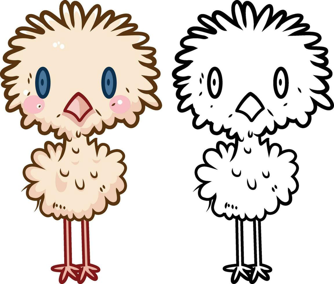 Cute ostrich bird, doodle style vector illustration. Cute ostrich, cartoon style, colored, and black and white line art for a coloring book, stock vector image