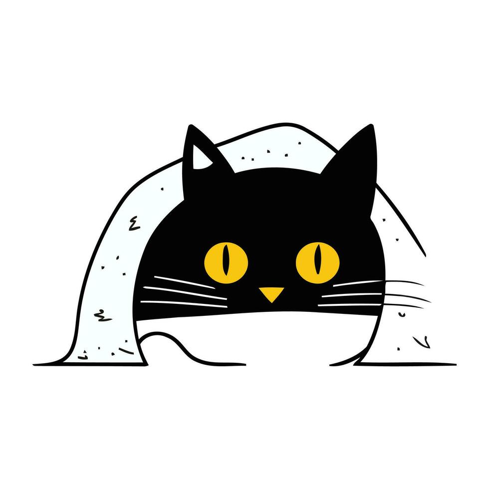Cute black cat with yellow eyes. Vector illustration in doodle style.