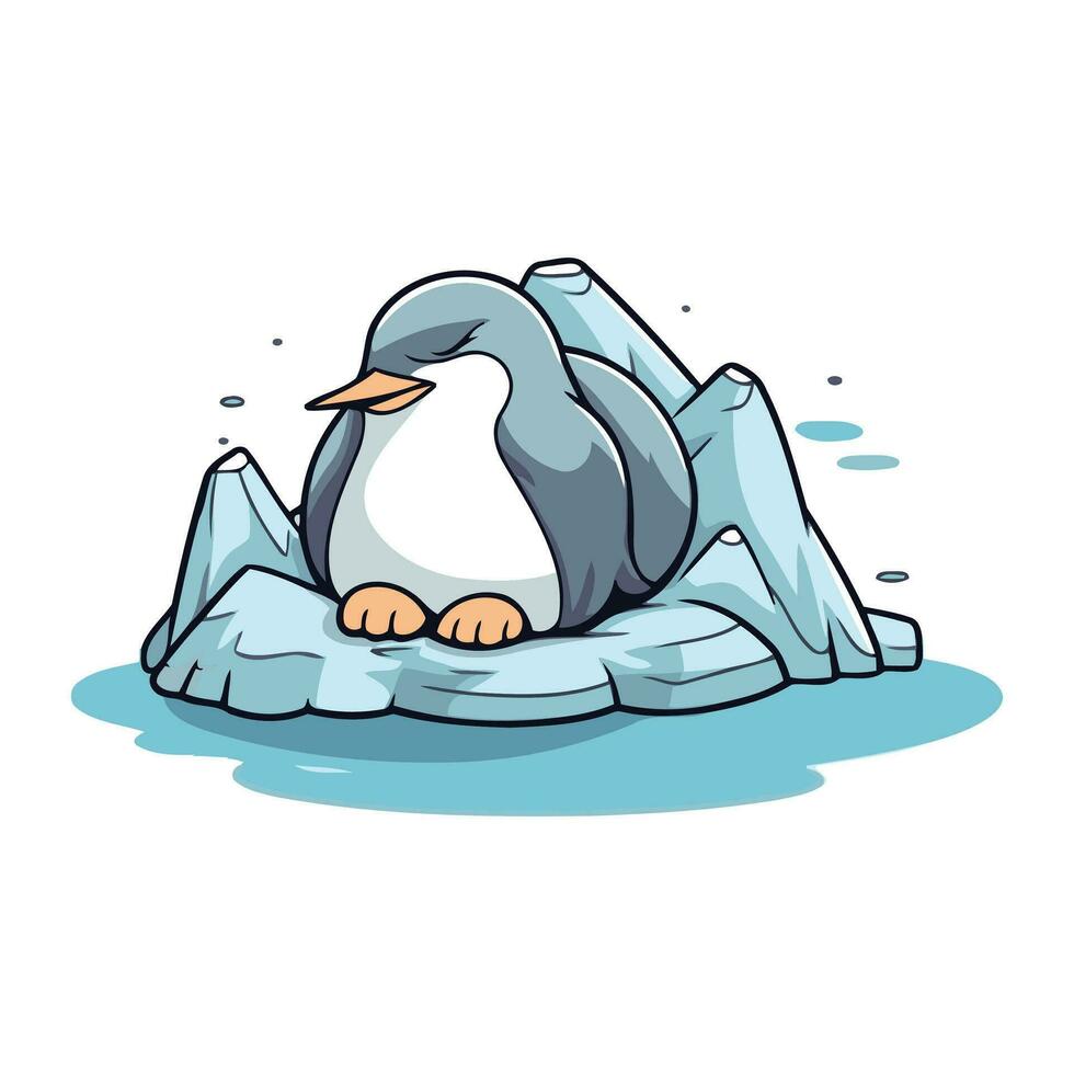 Cute penguin sitting on ice floe. Vector illustration.