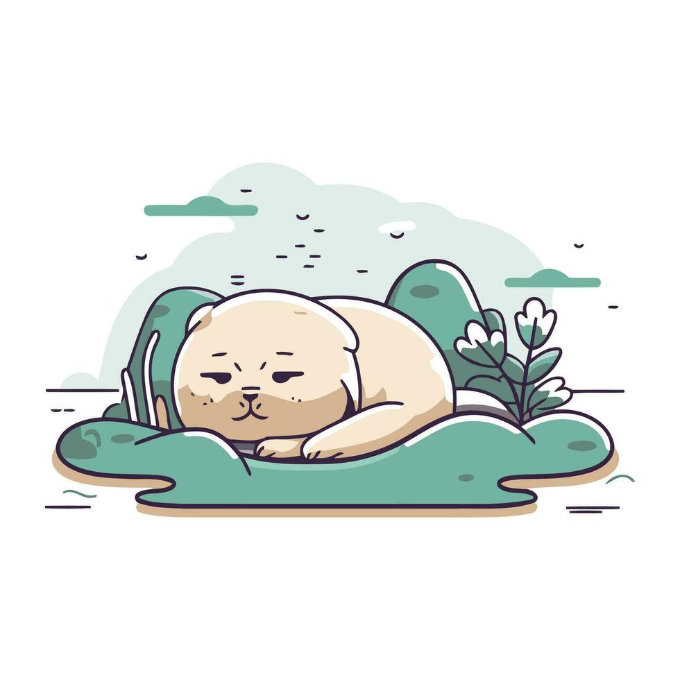 linda pequeño bebé sello dormido en el césped. vector ilustración.