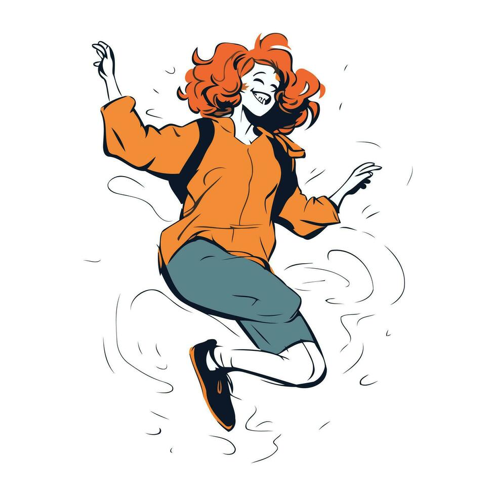 Happy young woman jumping in the air. Vector hand drawn illustration.