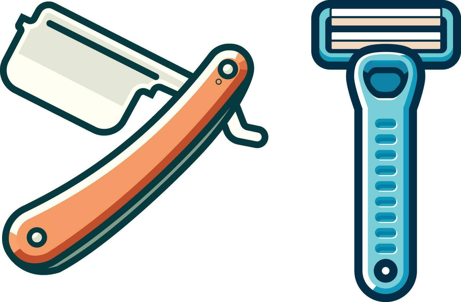 Straight razor with an open blade and a wooden handle, disposable razor with a plastic handle and a lubricating strip, cartoon style stock vector image