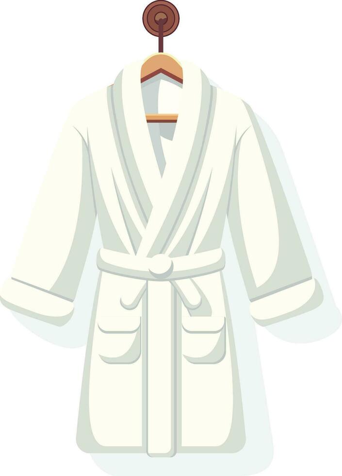 Plush white bathrobe hanging on a wall hook, flat style vector illustration, Caftan, housecoat, lounging robe, morning dress, robe de chambre, yukata, flat style stock vector image