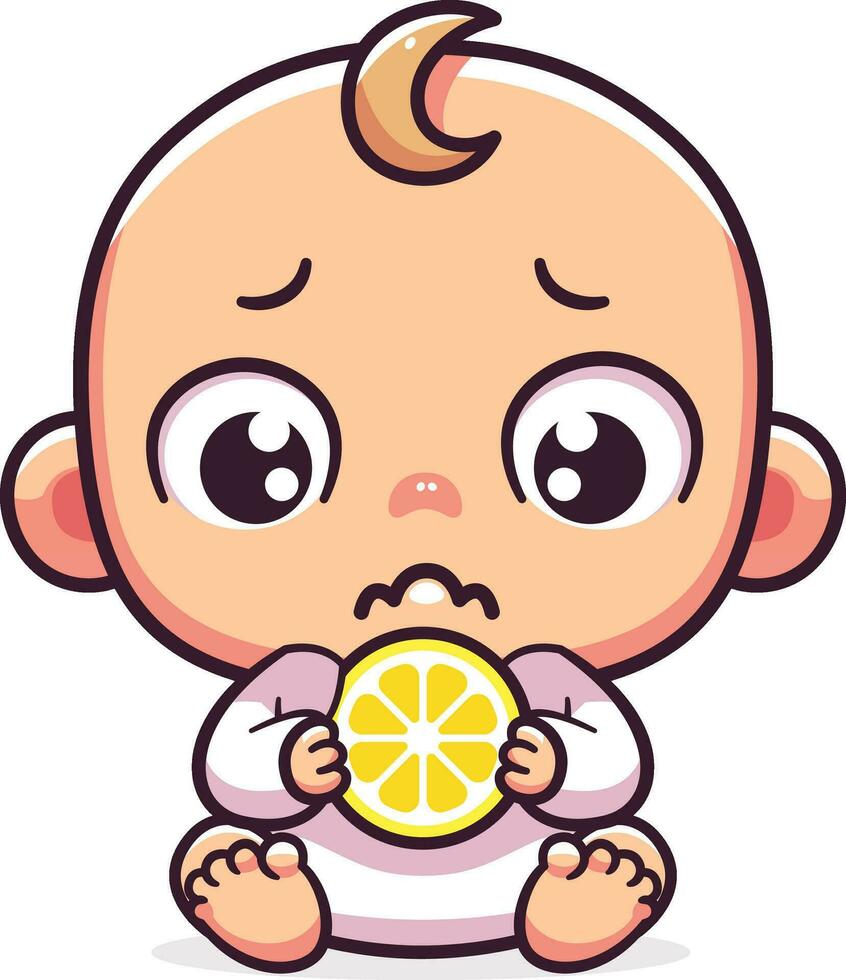 Baby reaction to lemon with wide eyes and a puckered face, cartoon style vector illustration, Baby with a slice of lemon or orange fruit, stock vector image