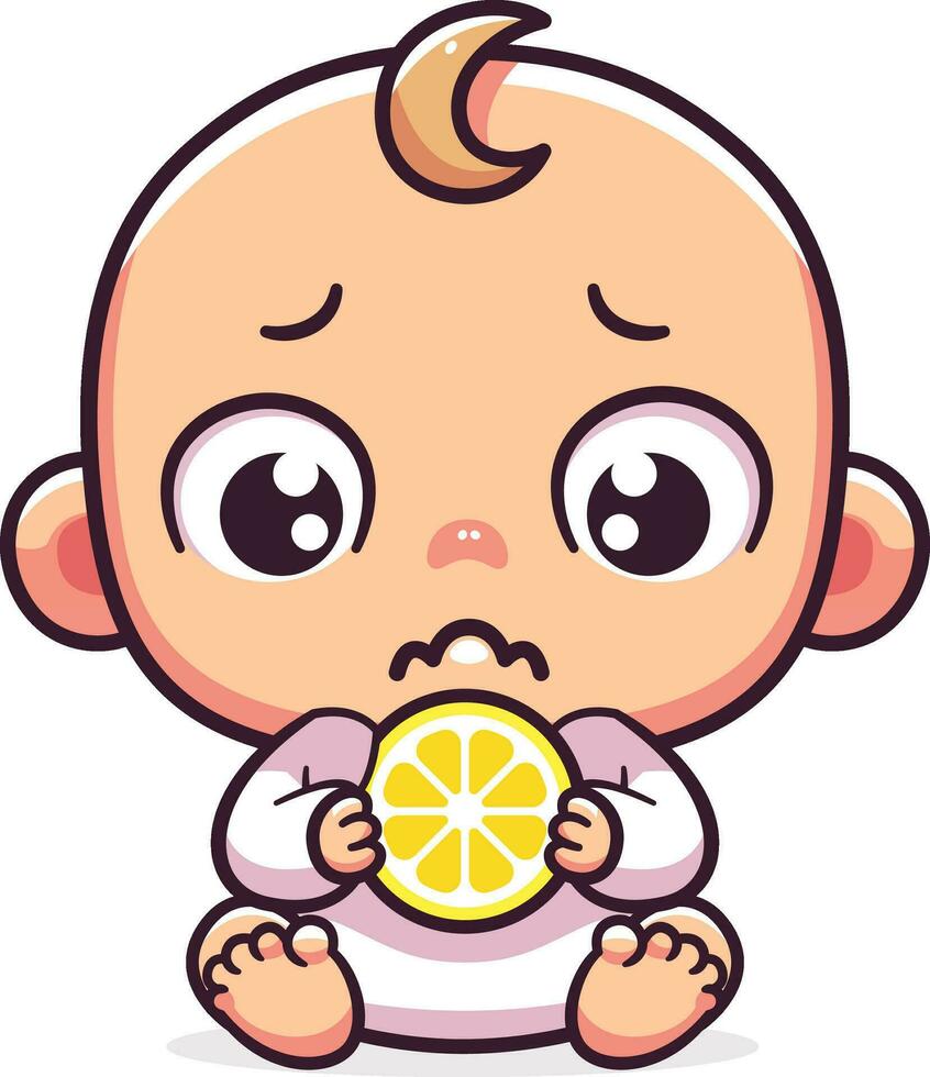 bebé reacción a limón con amplio ojos y un fruncido rostro, dibujos animados estilo vector ilustración, bebé con un rebanada de limón o naranja fruta, valores vector imagen