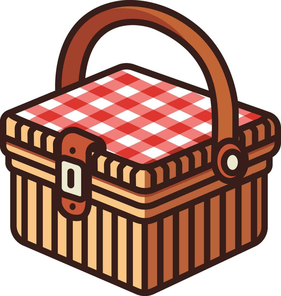 Classic woven picnic basket with a red and white checkered cloth peeking out, vector illustration, Woven picnic basket with a handle, wicker picnic basket, stock vector image