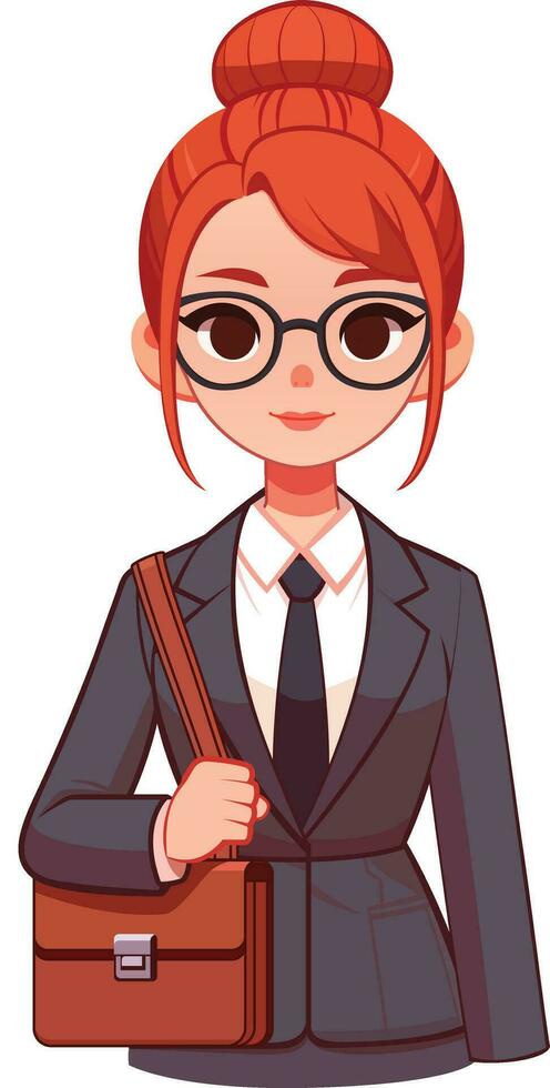 Redhead female wearing a hair bun and formal suit, ready to work, vector illustration, Girl in suit, well-dressed lady, carrying a leather office bag, stock vector image