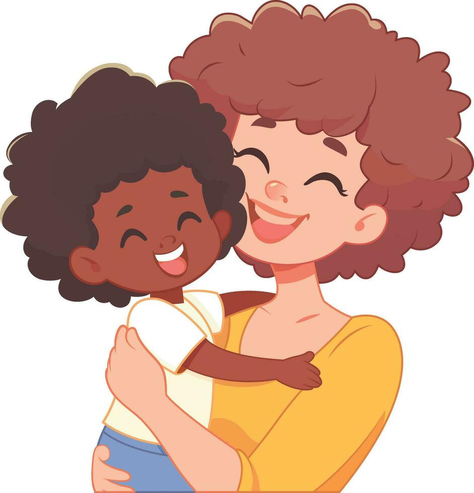 Single mother, her biracial child, both happy, vector illustration, Happy single mom and biracial kid, stock vector image. White mom and black child vector.