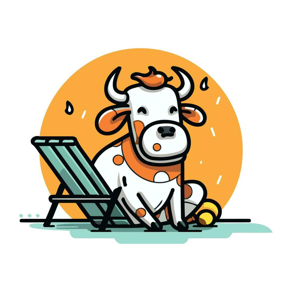 linda dibujos animados vaca sentado en el playa silla. vector ilustración.
