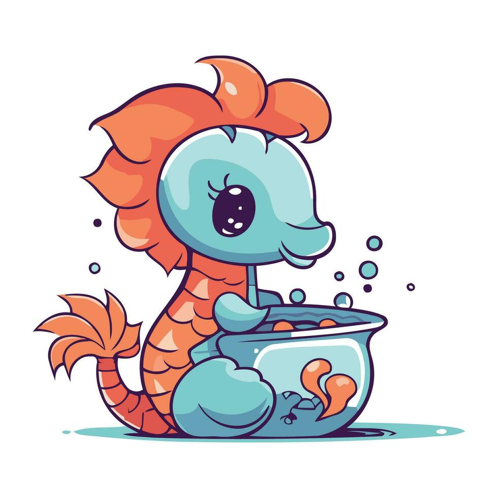 Cute cartoon red haired dragon in a bowl of water. vector