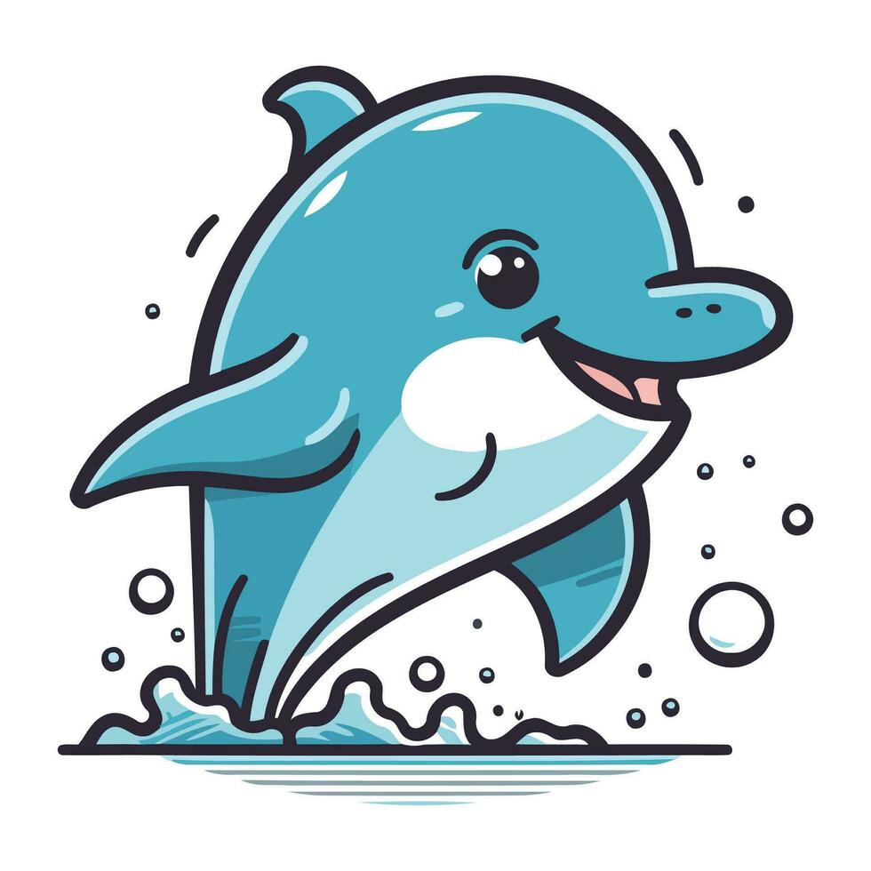 Cute cartoon dolphin jumping out of the water. Vector illustration.