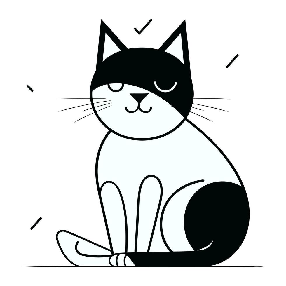 Black and white cat sitting on a white background. Vector illustration.