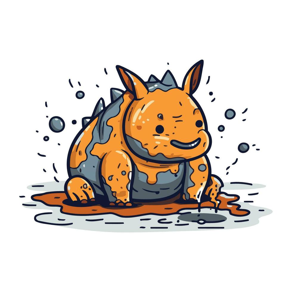 Cute hand drawn vector illustration of a hippo in the rain.