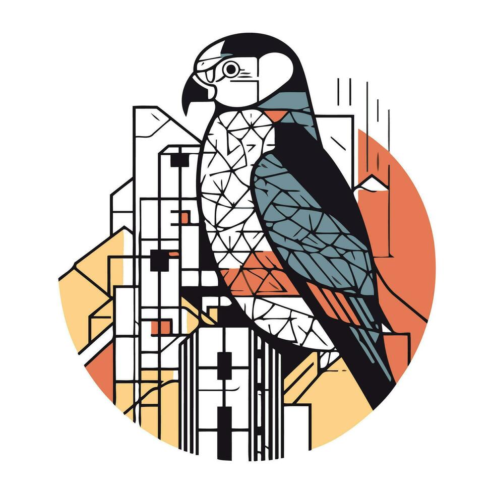 Stylized vector illustration of a parrot on the background of the city.