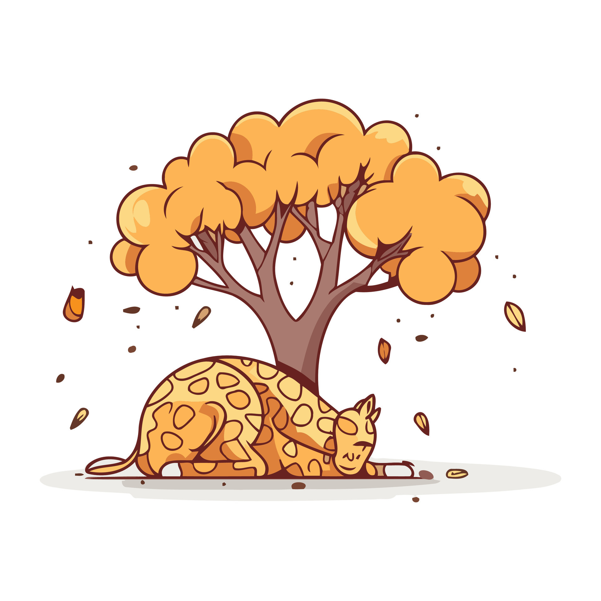 Cartoon vector illustration of a cute cat sleeping under a tree