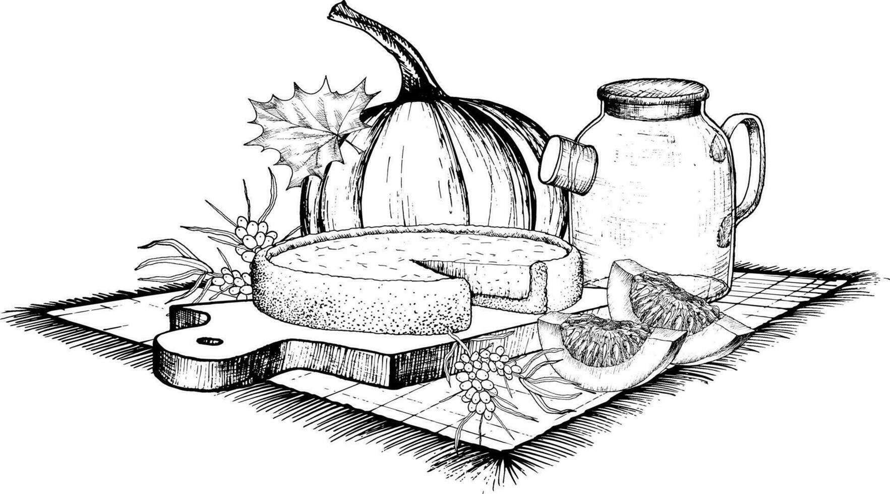 Vector illustration,black and white hand drawn autumn composition of pumpkin pie,with tea.