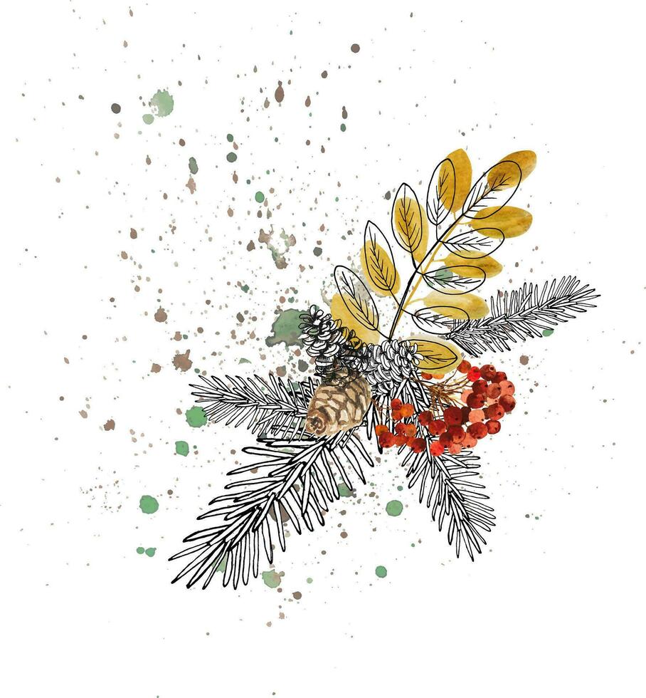 Vector illustration, hand-drawing Christmas composition. Winter plants, berries, pine cones, twigs. Festive New Year composition.