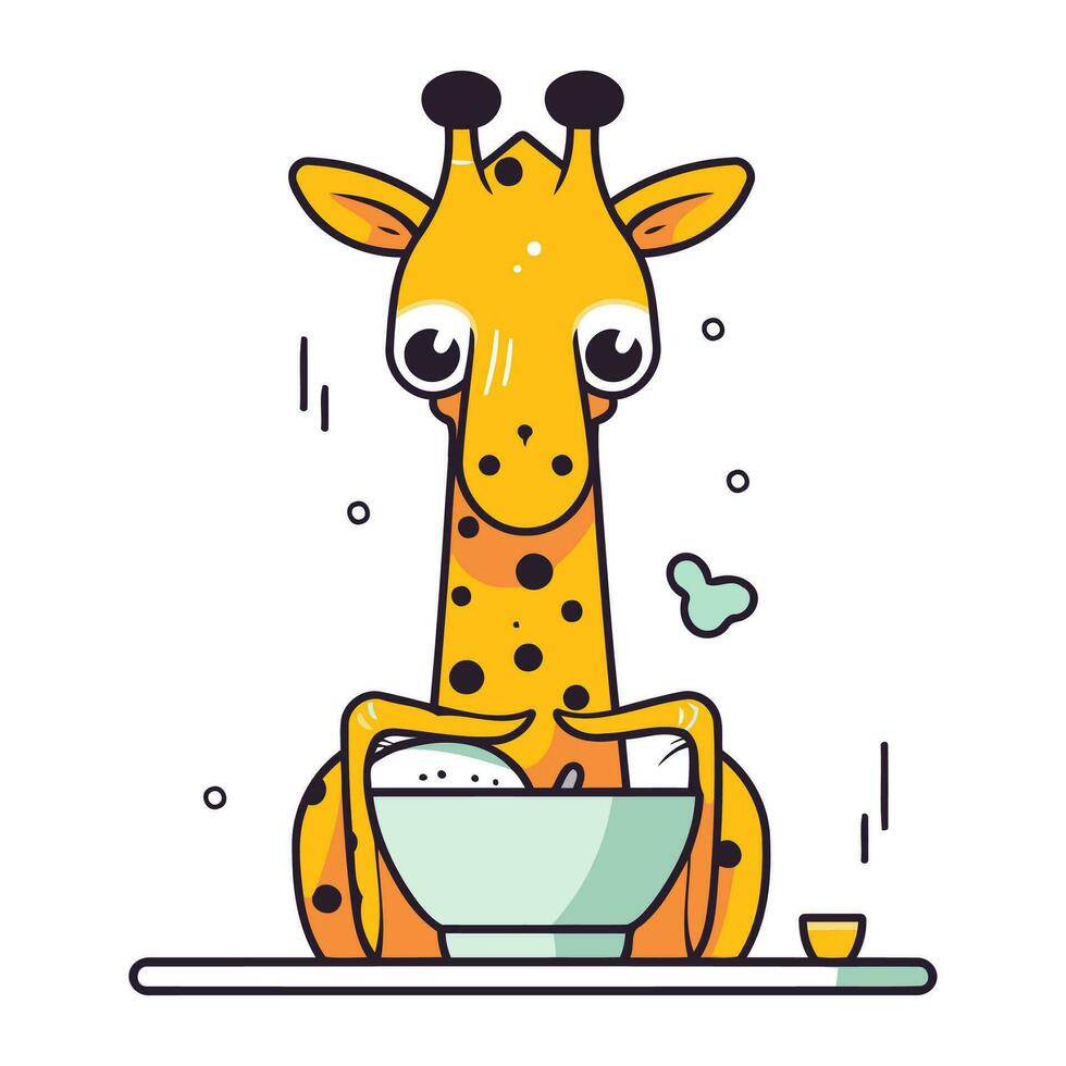 Cute giraffe with a bowl of milk. Vector illustration.