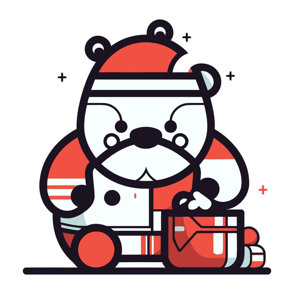 Cute bear with gifts. Vector illustration in flat linear style.