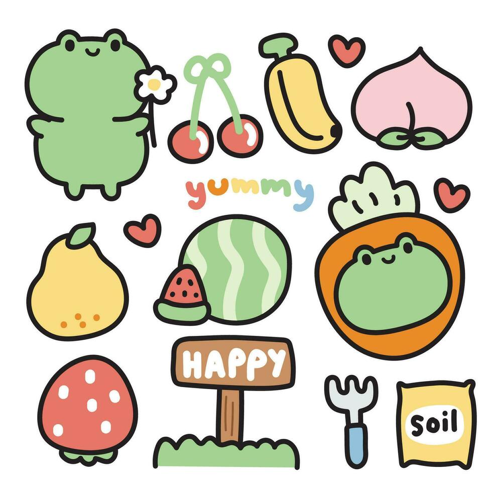 conjunto de linda rana con muchos Fruta dibujos animados en blanco fondo.reptil animal personaje dibujos animados diseño.cereza,plátano,fresa,zanahoria,melocotón,sandía.fruta y verduras.vector.ilustracion. vector