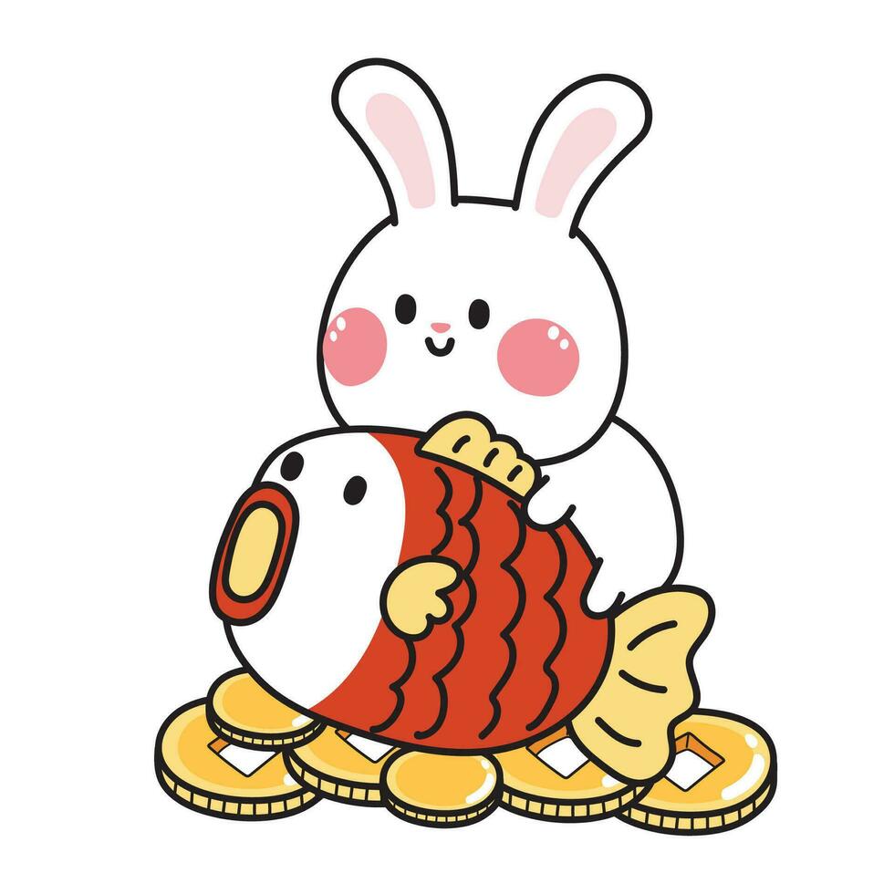 2023.Cute rabbit stay on fish and gold money on background.Animal character cartoon design.Chinese new year.Kawaii.Vector.Illustration. vector
