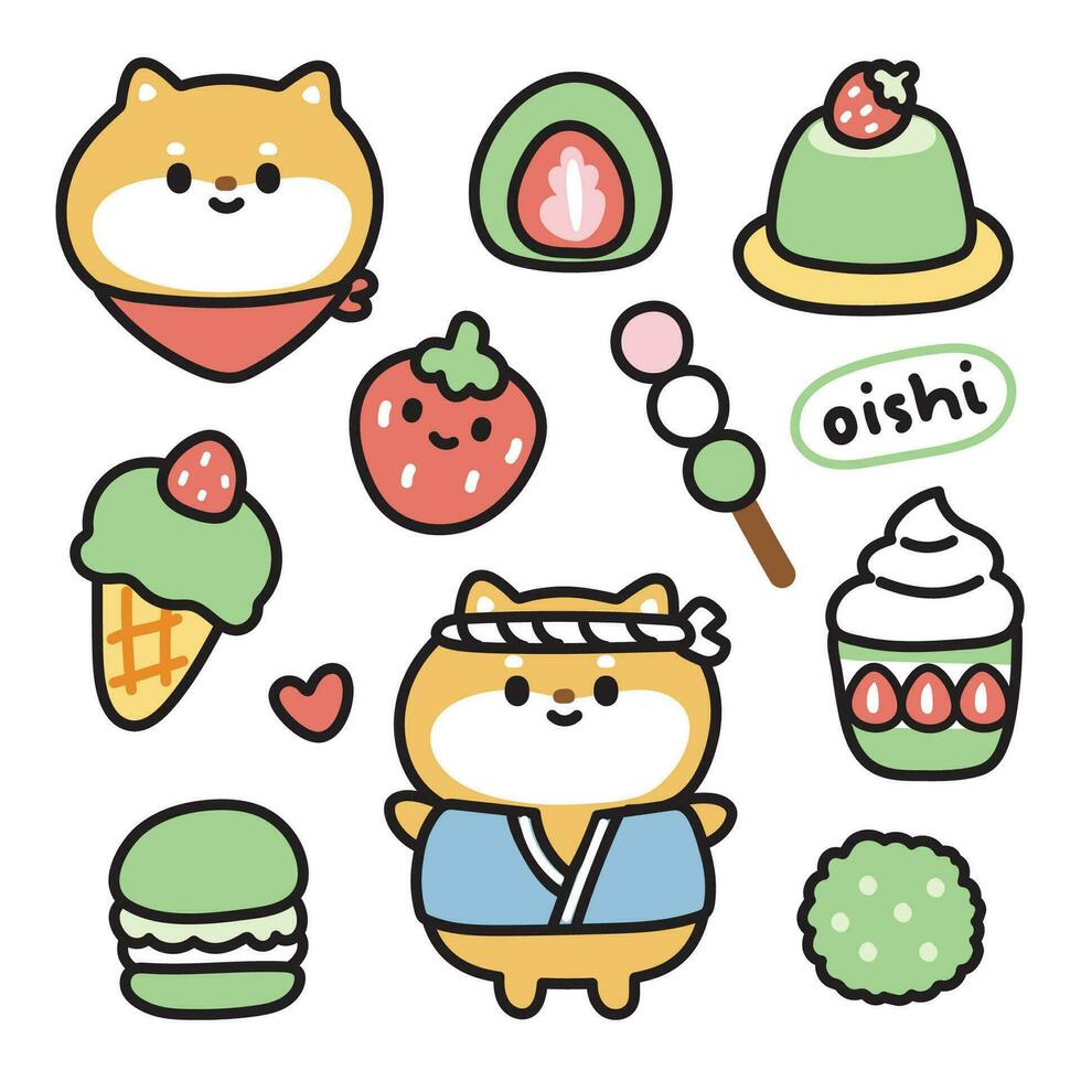 conjunto de linda shiba inu perro con varios japonés verde té sabor postre y dulce.japonesa mascota animal personaje dibujos animados diseño colección.fresa.kawaii.vector.ilustración. vector