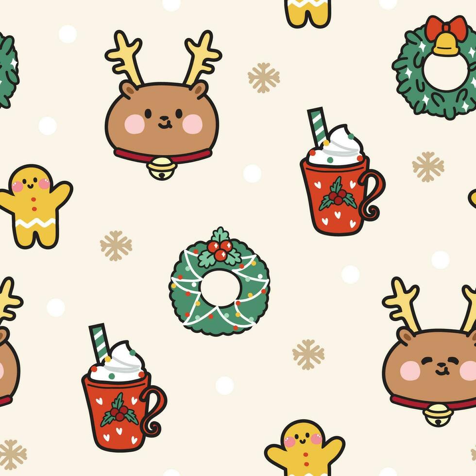 Seamless pattern of cute deer face background in merry christmas concept.Holly,gingerbread,sweet drink hand drawn.Animal cartoon character design.New year.Kawaii.Vetor.Illustration. vector