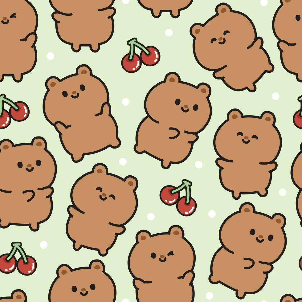 Seamless pattern of cute teddy bear with cherry on pastel background.Wild animal character cartoon design.Baby clothing.Fruit.Kawaii.Vector.Illustration. vector