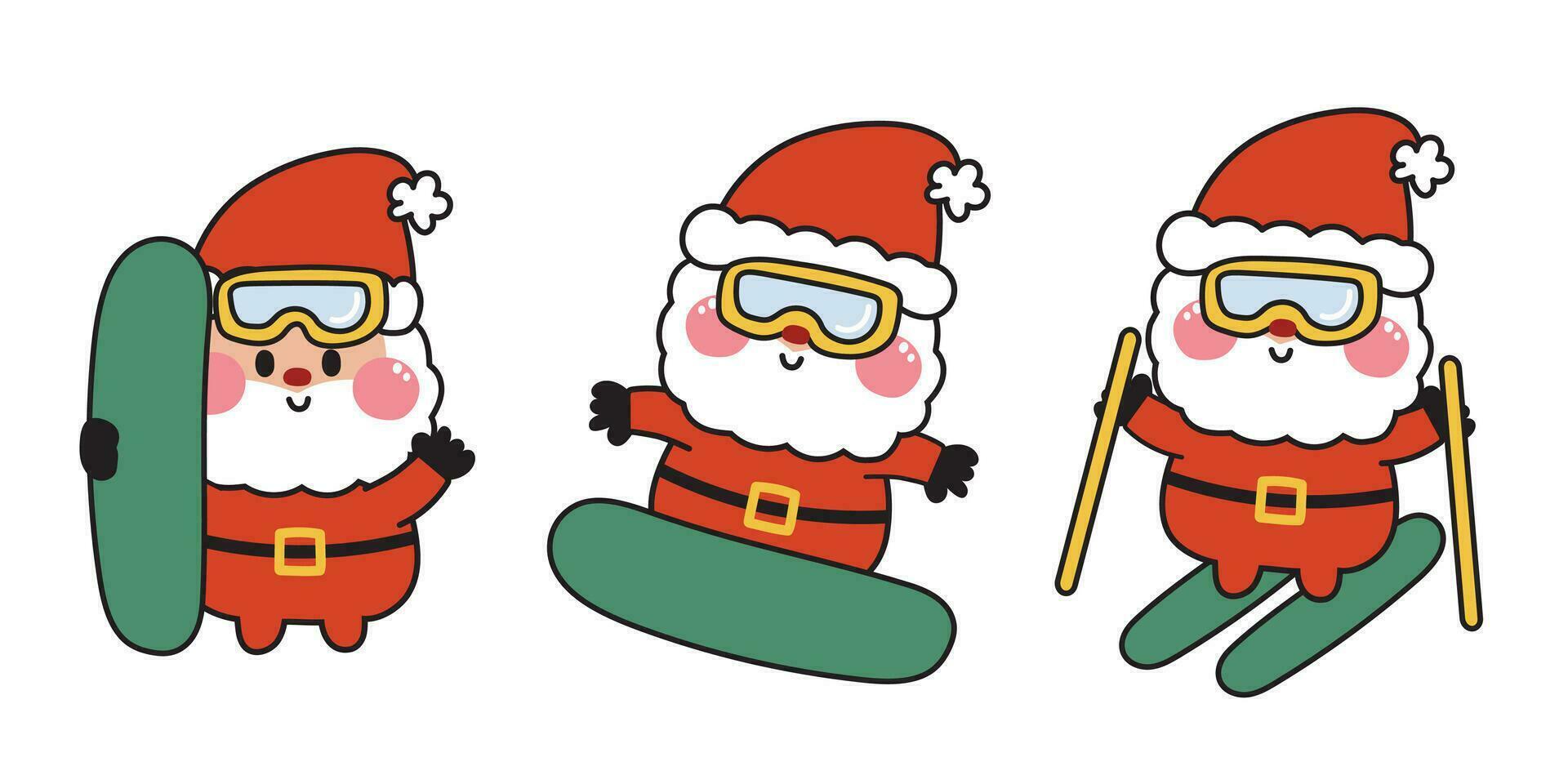 Set of cute santa claus wear glasses playing snowboard in various poses vector