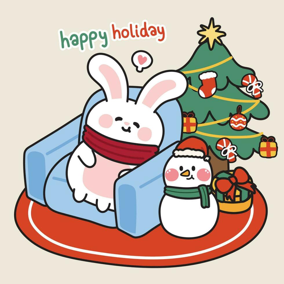 Cute rabbit relax on sofa in holiday with christmas tree and snowman.Cartoon animal character design hand drawn.Merry christmas and new year festival.Winter.Kawaii.Vector.Illustration. vector