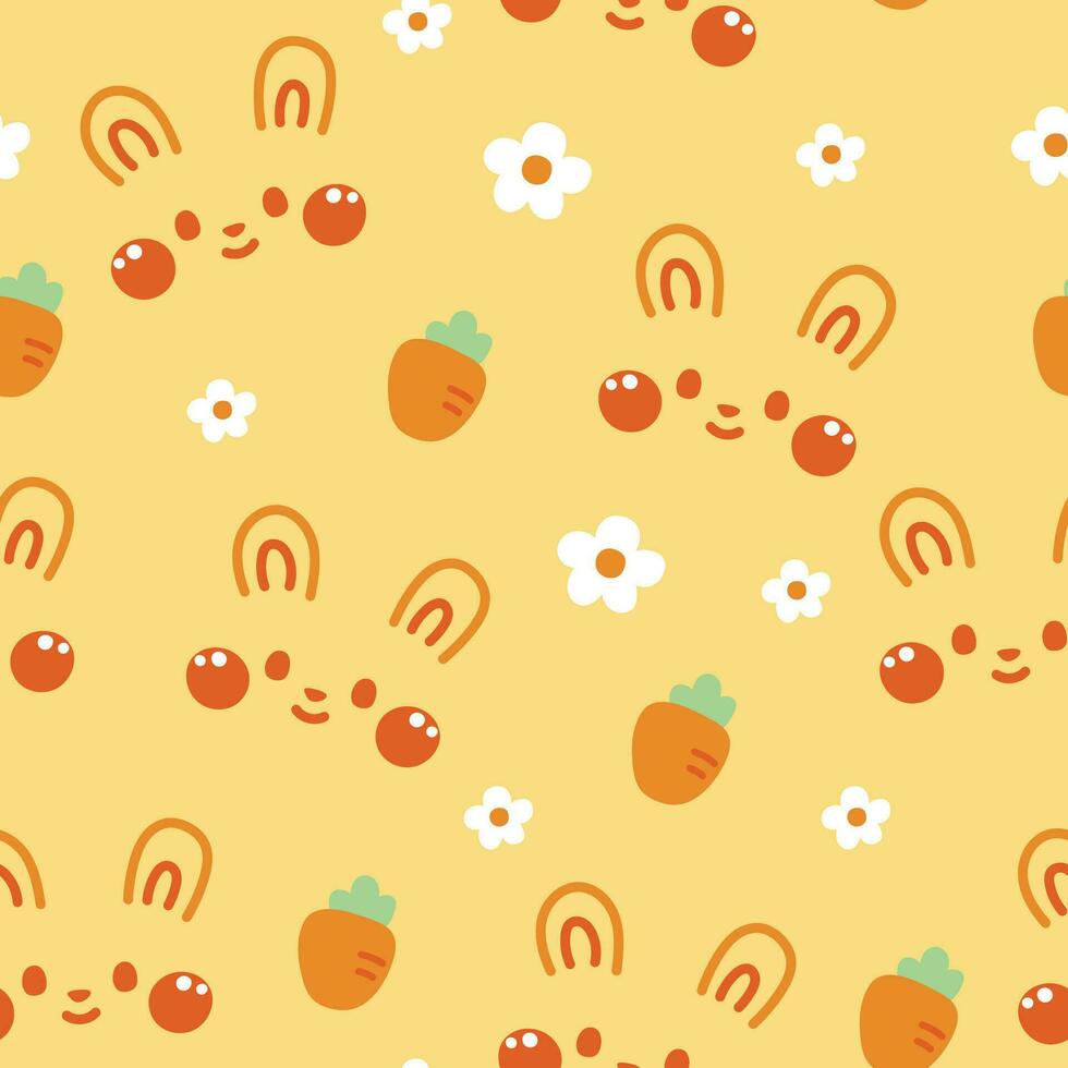 Seamless pattern of cute rabbit face with carrot and flower background.Rodent animal character cartoon design.Image for card,poster,baby clothing.Kawaii.Vector.Illustration. vector