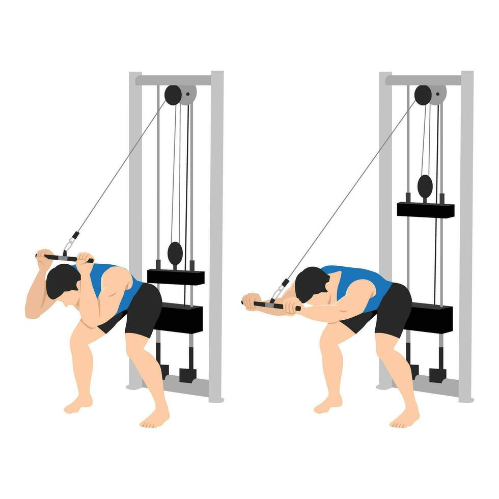 hombre haciendo cable doblado terminado triceps extensión ejercicio. vector