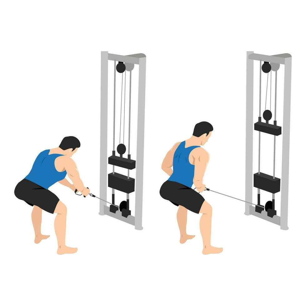 Man doing standing bent over cable row exercise. vector