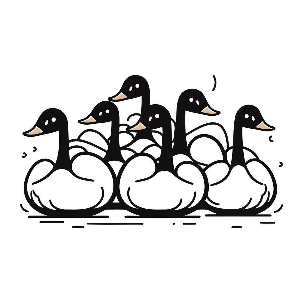 linda negro y blanco vector ilustración de un rebaño de patos.