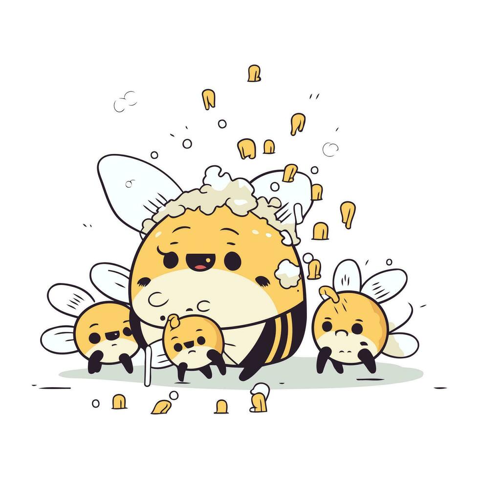 Cute little fox with a lot of bees. Vector illustration.