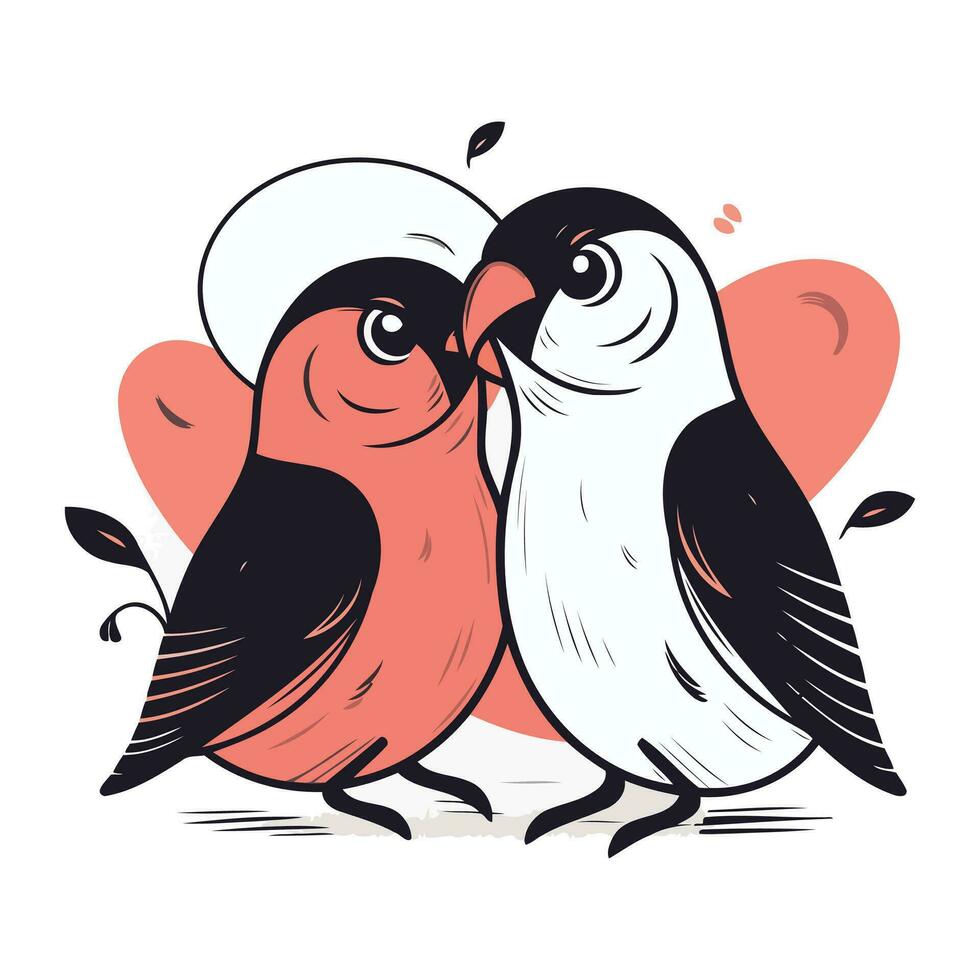 Two cute bullfinches in love. Valentines day card. Vector illustration.