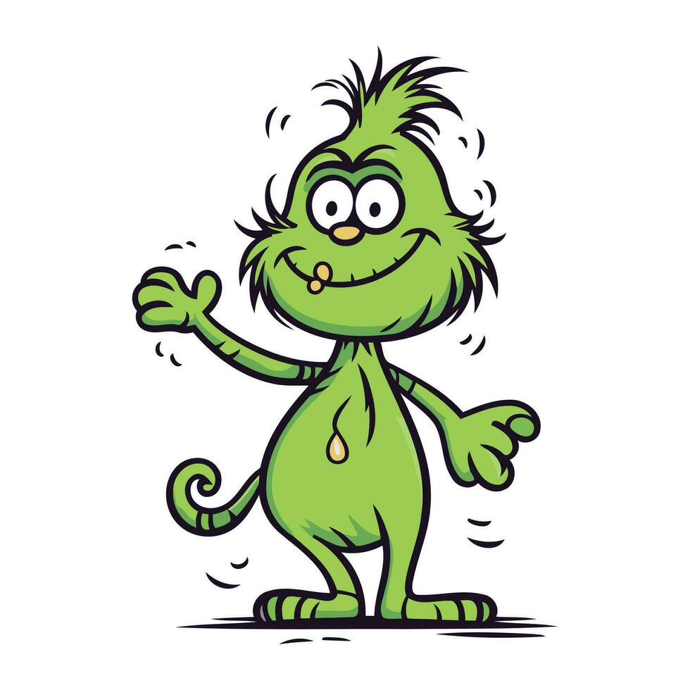 Funny cartoon green monster. Vector illustration. Isolated on white background.