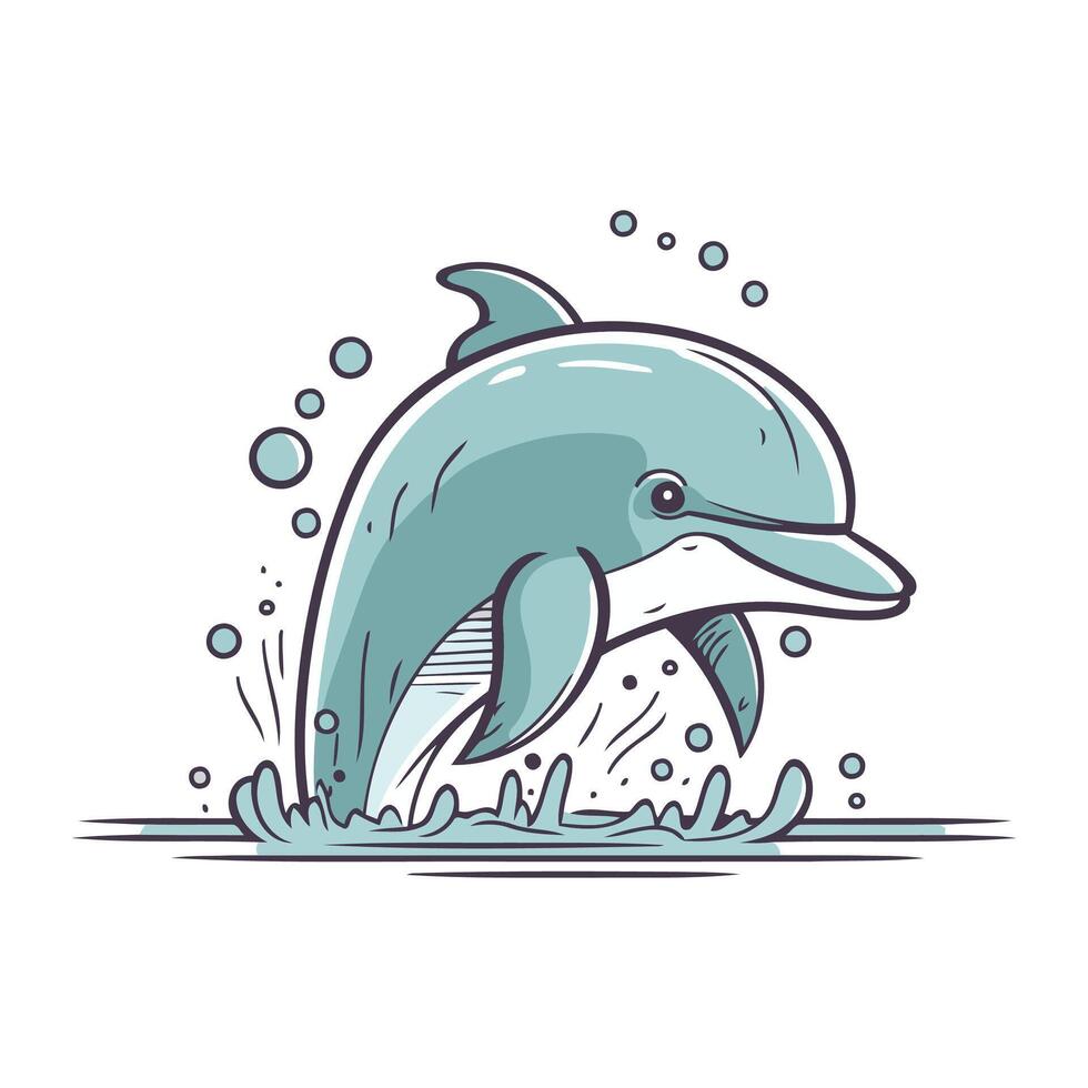 Cute dolphin jumping out of the water. Hand drawn vector illustration.